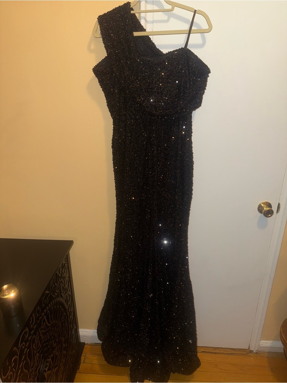 Black One-Shoulder Sequin Evening Gown